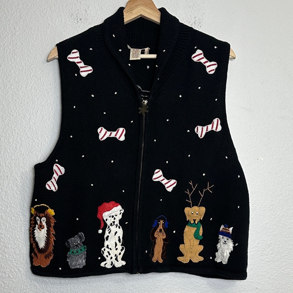 Bechamel Women's Large Santa Dogs Christmas Black Sweater Vest Embroidered‎